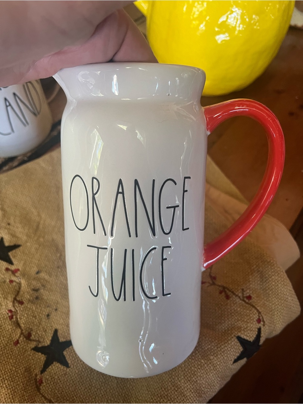 Rae Dunn White Pitcher with Red Handle - "ORANGE JUICE"